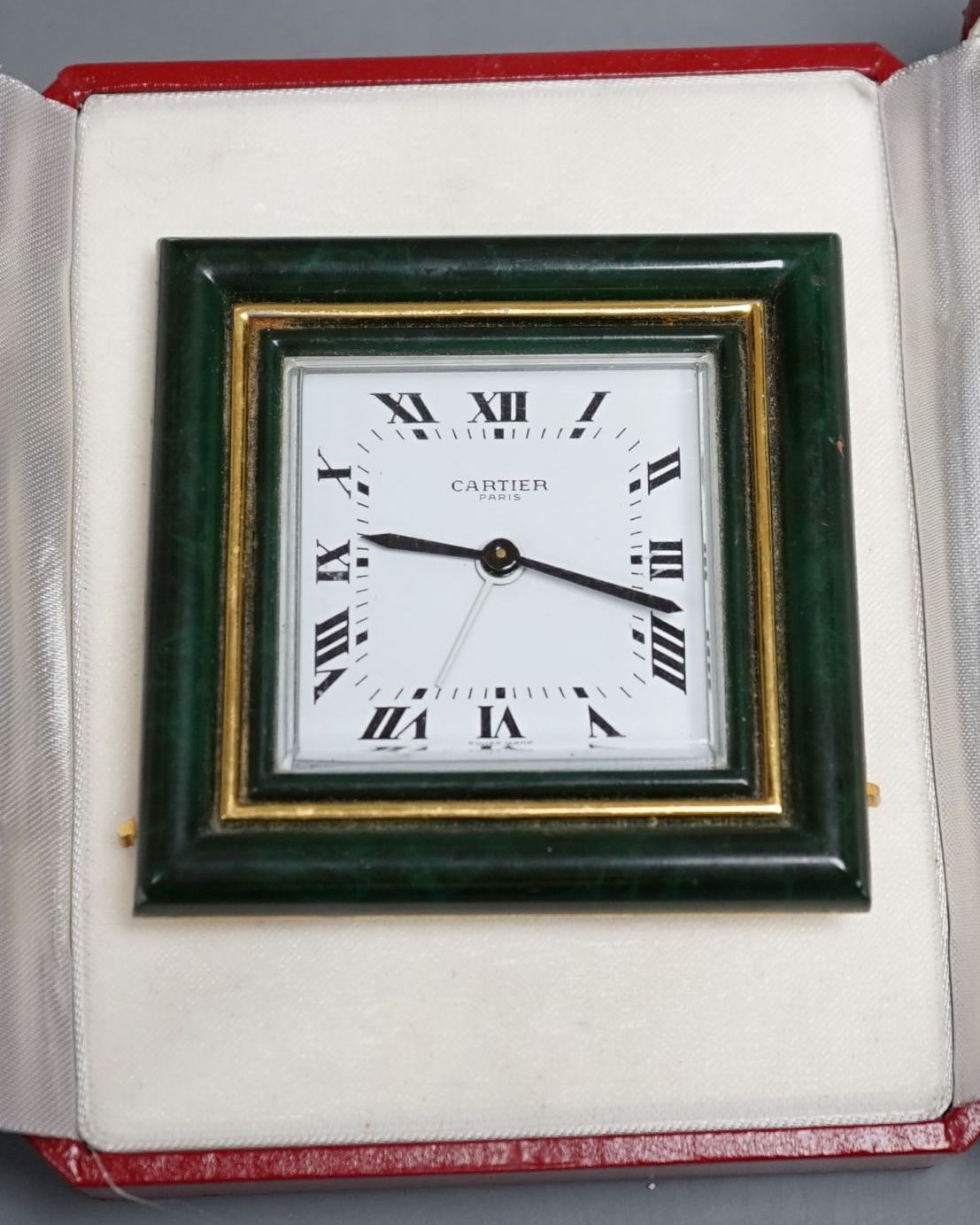 A Must de Cartier travelling timepiece in box, timepiece 7.5 cms square.
